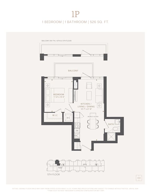 A black and white image of a floor plan for a 526 square foot apartment with one bedroom and one bathroom.